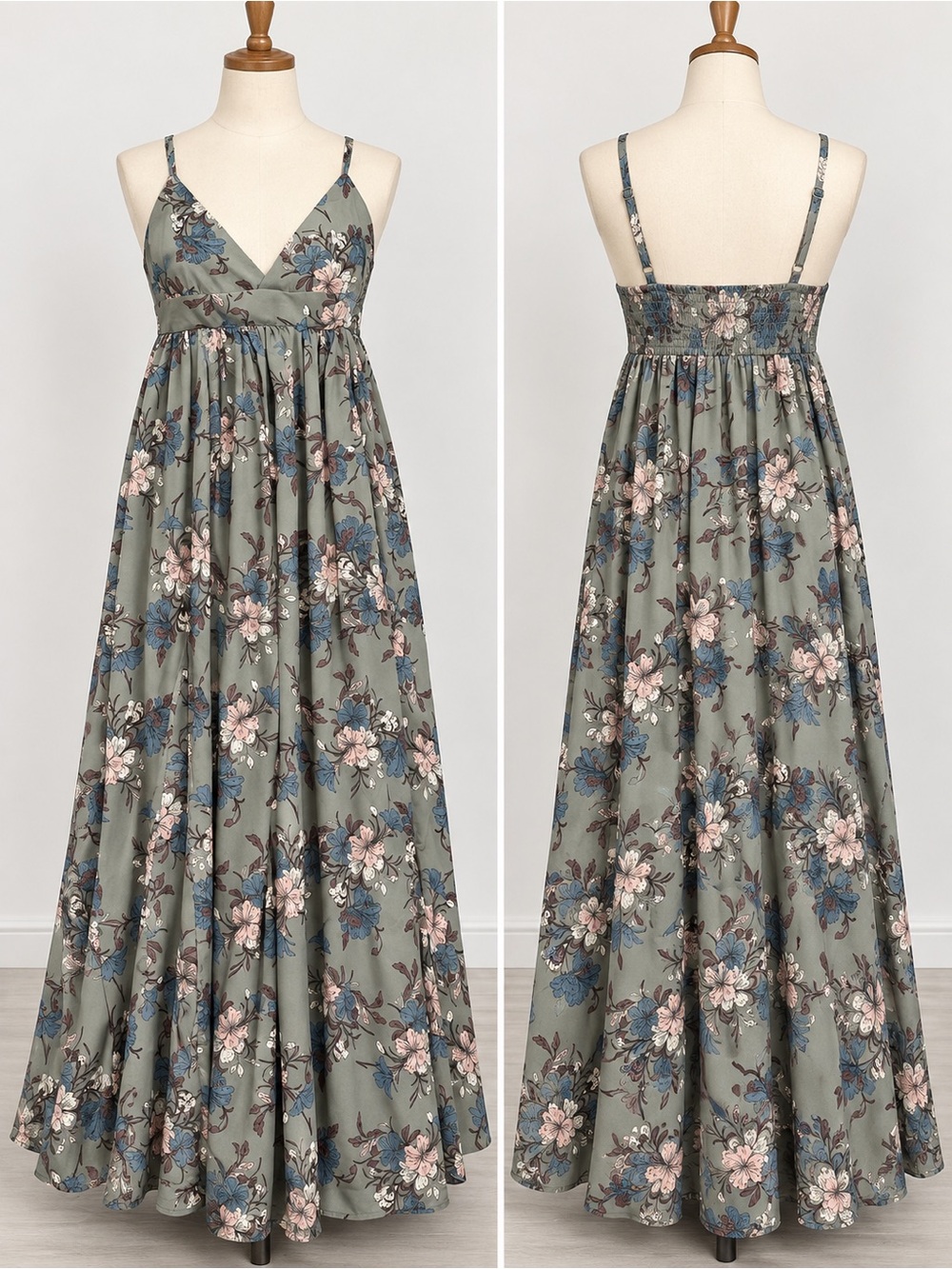 Blush Sage Green Floral Maxi Dress with Pink & Blue Accents